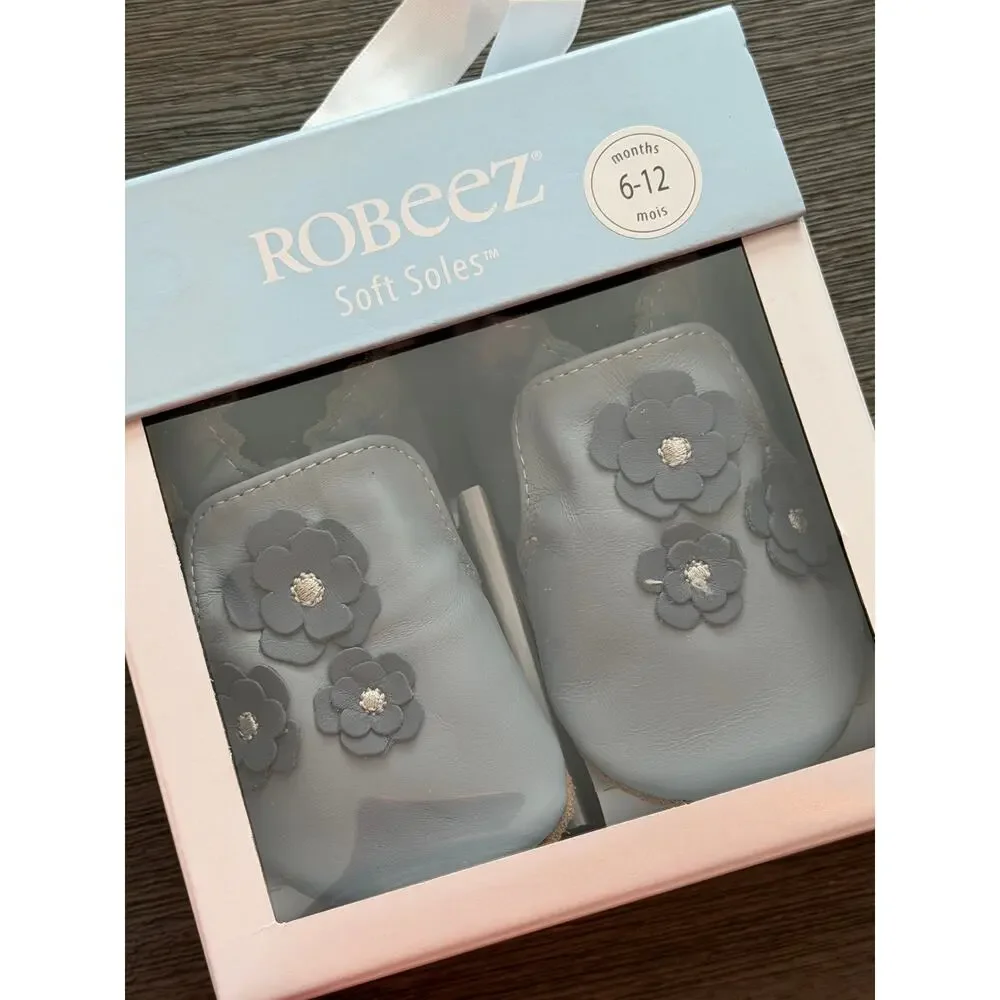Robeez Light Gray Leather Baby Shoes with Floral Appliqués